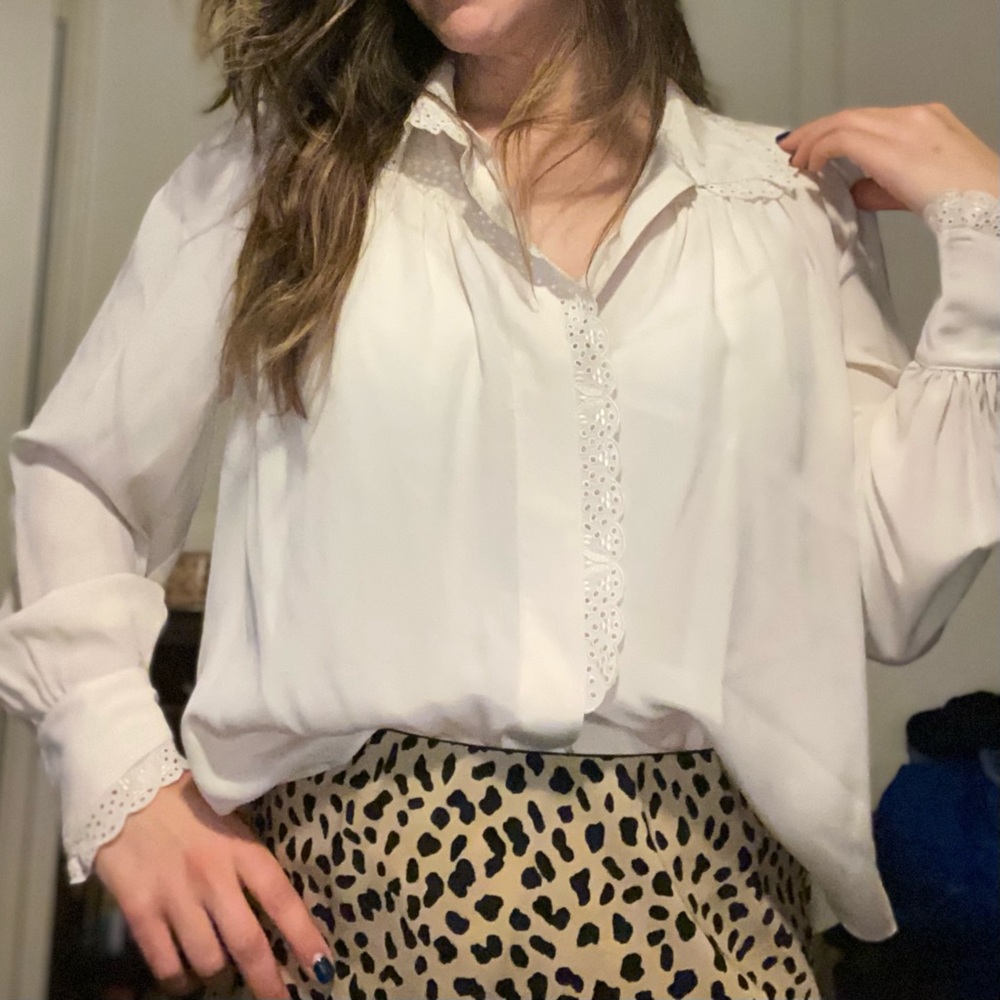 Cream Aritzia blouse with lace trim
